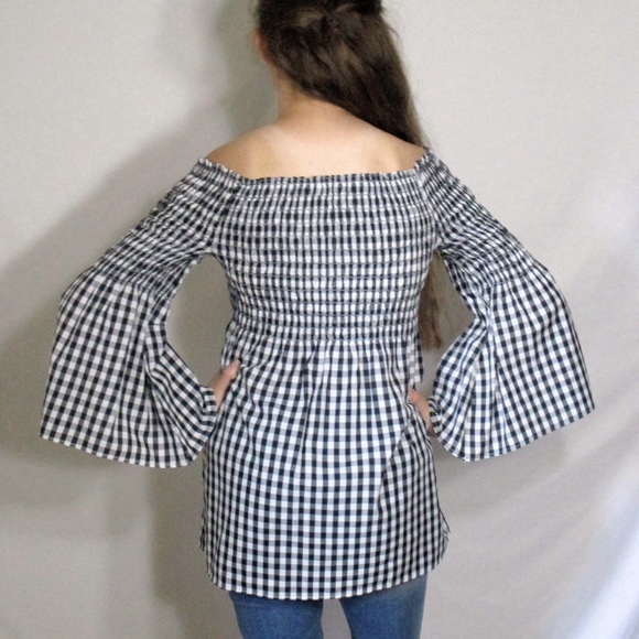 🔴 Gingham Off The Shoulder Bell Sleeve Tunic NWT by Max Studio - Picture 4 of 8